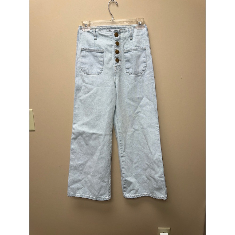 Zara Women Light Wash Wide Leg High Waist Button Fly Patch Pocket Jeans Size 2